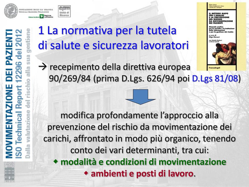 Lgs 81/08) modifica profondamente l approccio alla prevenzione del rischio da movimentazione dei