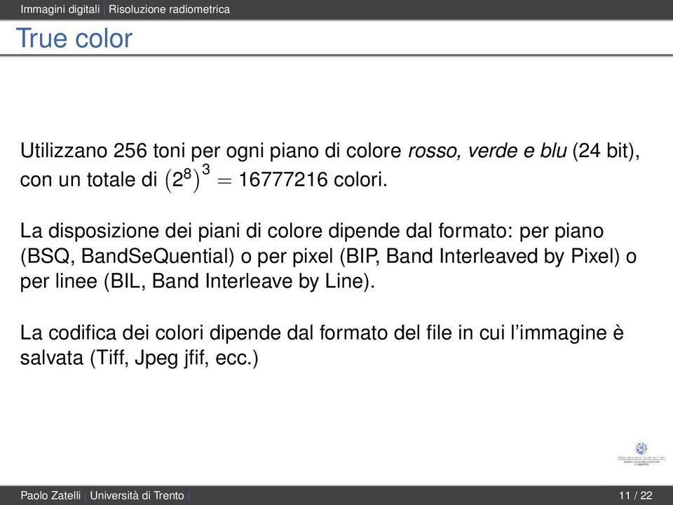 La disposizione dei piani di colore dipende dal formato: per piano (BSQ, BandSeQuential) o per pixel (BIP, Band Interleaved