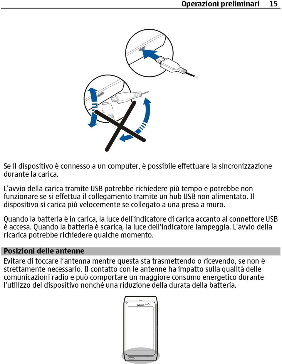 Il dispositivo si carica più velocemente se collegato a una presa a muro. Quando la batteria è in carica, la luce dell'indicatore di carica accanto al connettore USB è accesa.