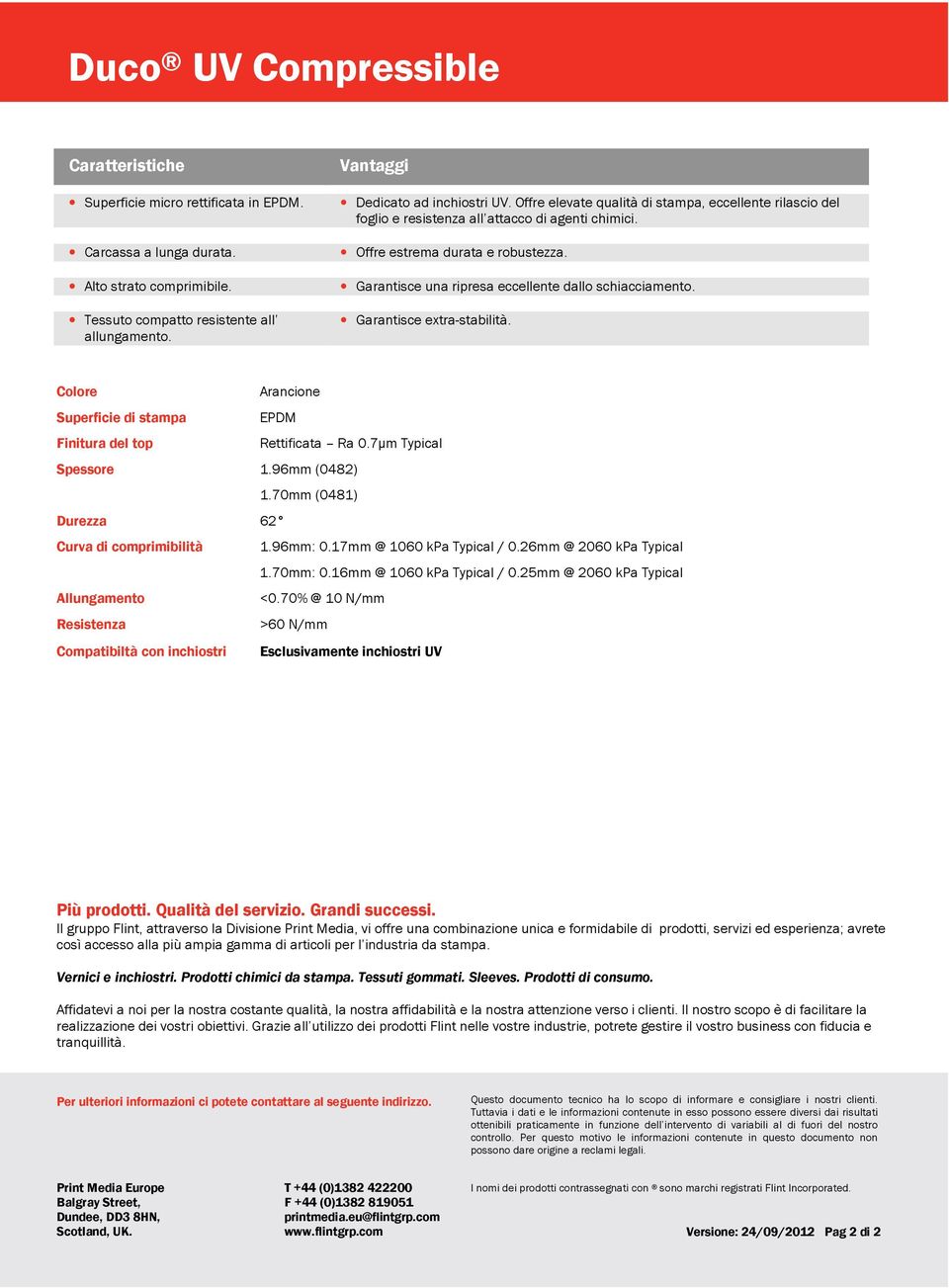 Garantisce extra-stabilità. Colore Arancione Superficie di stampa EPDM Finitura del top Rettificata Ra 0.7µm Typical Spessore 1.96mm (0482) 1.70mm (0481) Durezza 62 Curva di comprimibilità 1.96mm: 0.