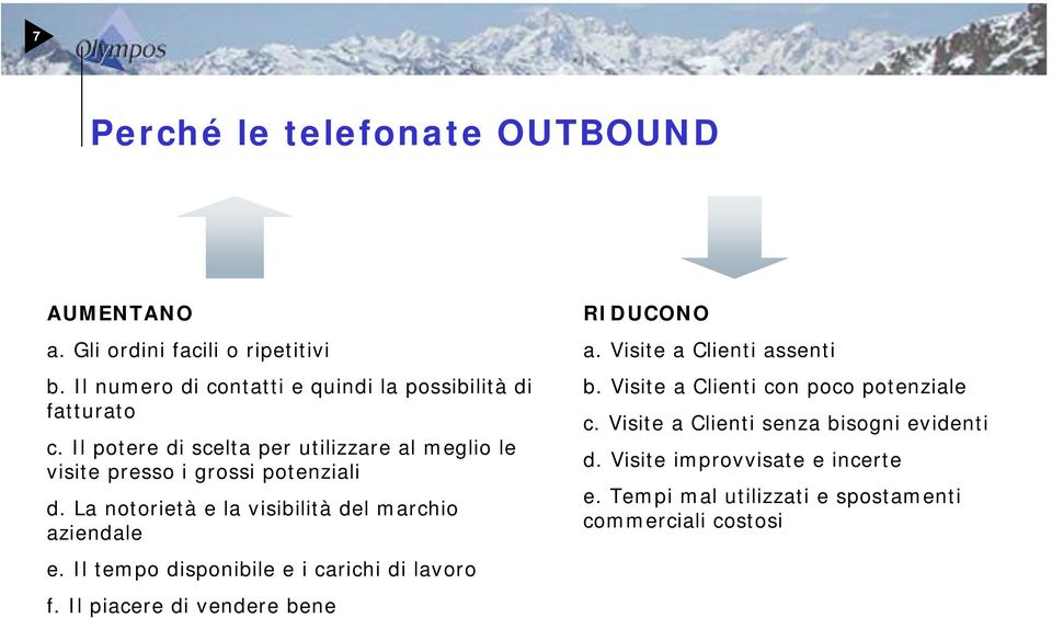 Il tempo disponibile e i carichi di lavoro f. Il piacere di vendere bene RIDUCONO a. Visite a Clienti assenti b.