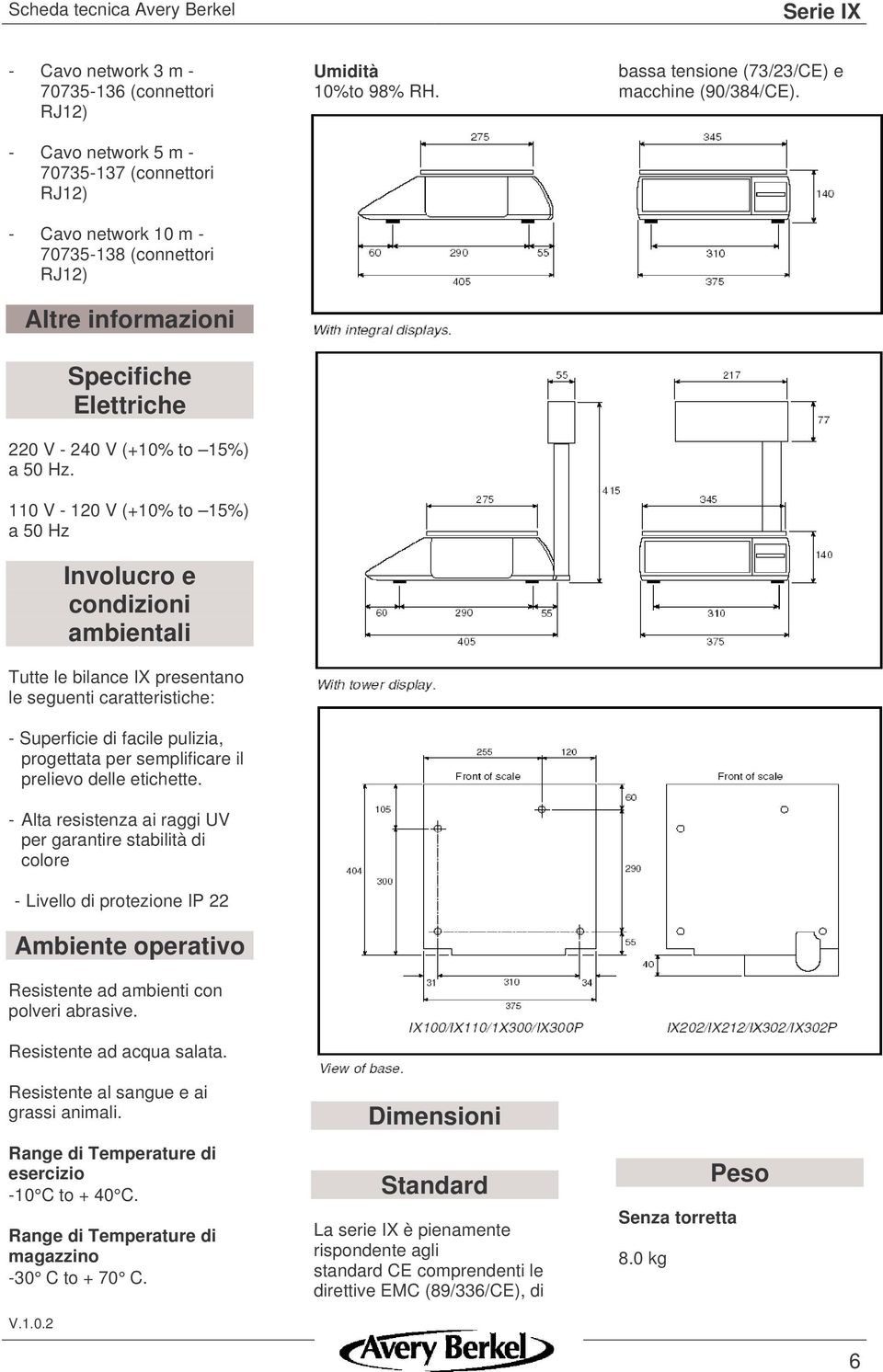 110 V - 120 V (+10% to 15%) a 50 Hz Involucro e condizioni ambientali Tutte le bilance IX presentano le seguenti caratteristiche: - Superficie di facile pulizia, progettata per semplificare il