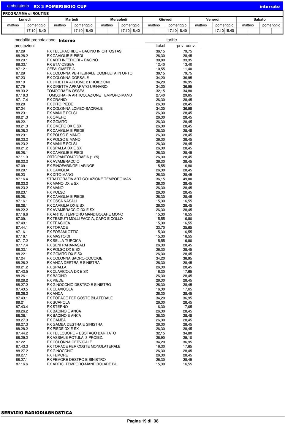 19 RX DIRETTA ADDOME 2 PROIEZIONI 34,20 36,95 87.79 RX DIRETTA APPARATO URINARIO 34,20 36,95 88.33.2 TOMOGRAFIA OSSEA 32,15 34,80 87.16.3 TOMOGRAFIA ARTICOLAZIONE TEMPORO-MAND 27,40 29,65 87.17.