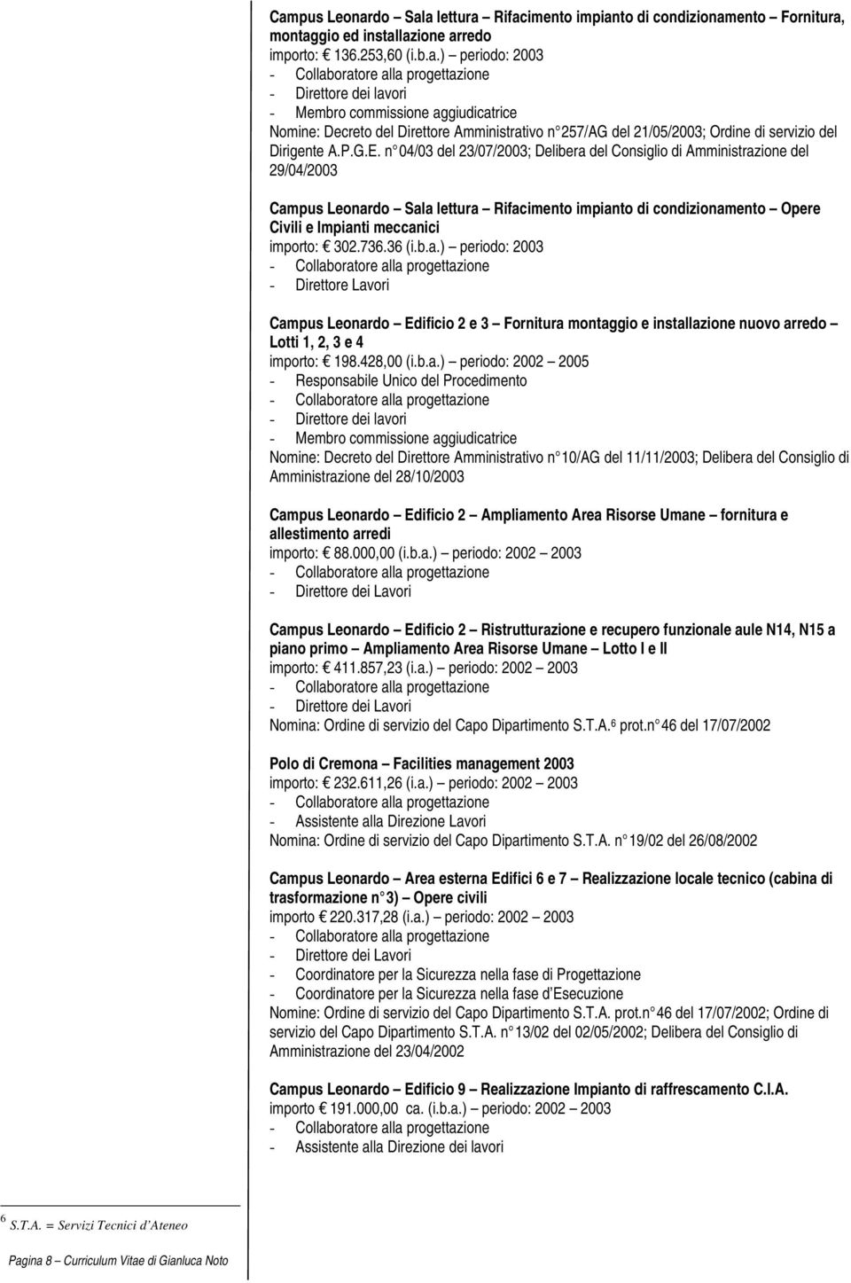 n 04/03 del 23/07/2003; Delibera del Consiglio di Amministrazione del 29/04/2003 Campus Leonardo Sala lettura Rifacimento impianto di condizionamento Opere Civili e Impianti meccanici importo: 302.