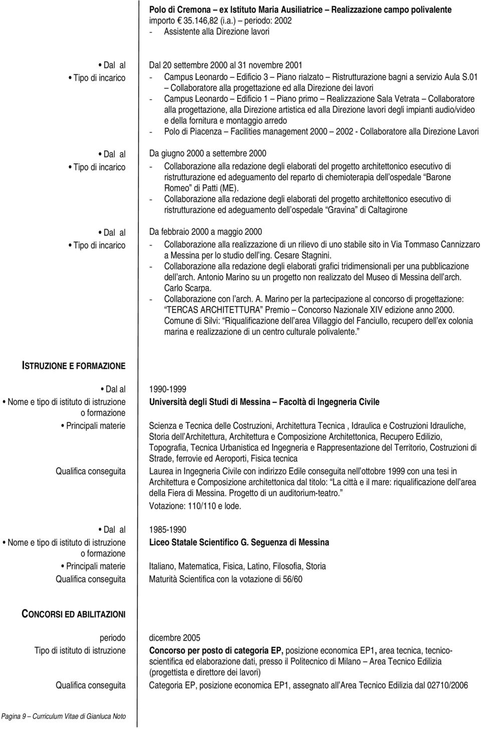 ia Ausiliatrice Realizzazione campo polivalente importo 35.146,82 (i.a.) periodo: 2002 - Assistente alla Direzione lavori Dal al Dal 20 settembre 2000 al 31 novembre 2001 Tipo di incarico - Campus