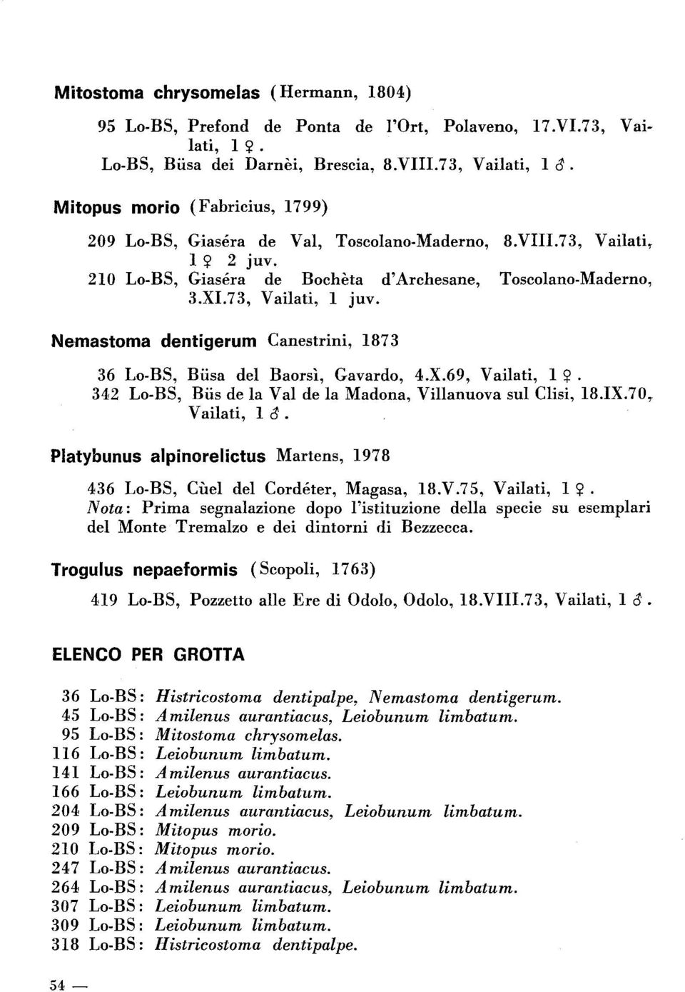73, Vailati, Nemastoma dentigerum Canestrini, 1873 36 Lo-BS, Biisa del Baorsì, Gavardo, 4.X.69, Vailati, l ~. 342 Lo-BS, Biis de la Val de la Madona, Villanuova sul Clisi, 18.IX.70, V ailati, l t.