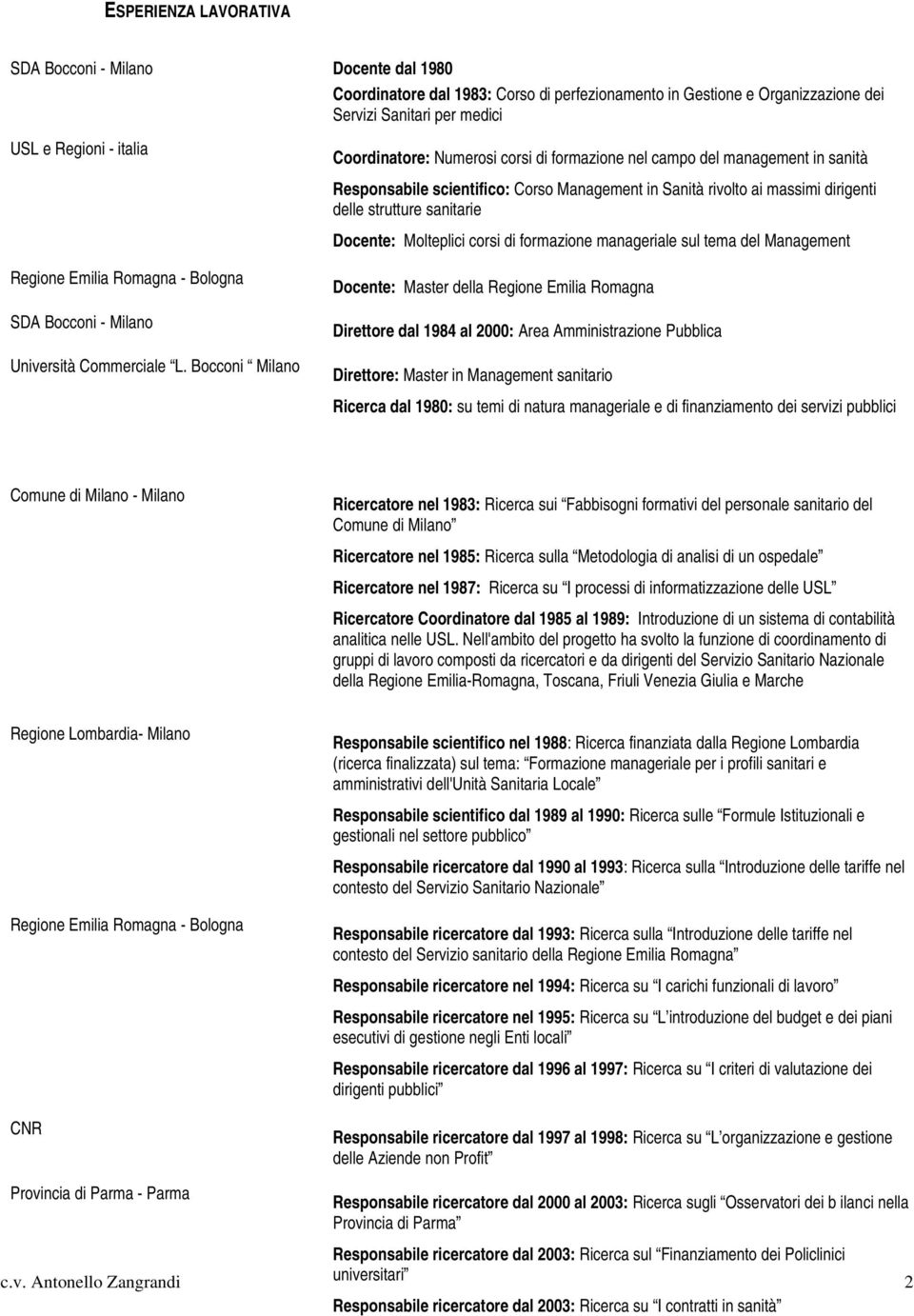 Bocconi Milano Coordinatore: Numerosi corsi di formazione nel campo del management in sanità Responsabile scientifico: Corso Management in Sanità rivolto ai massimi dirigenti delle strutture