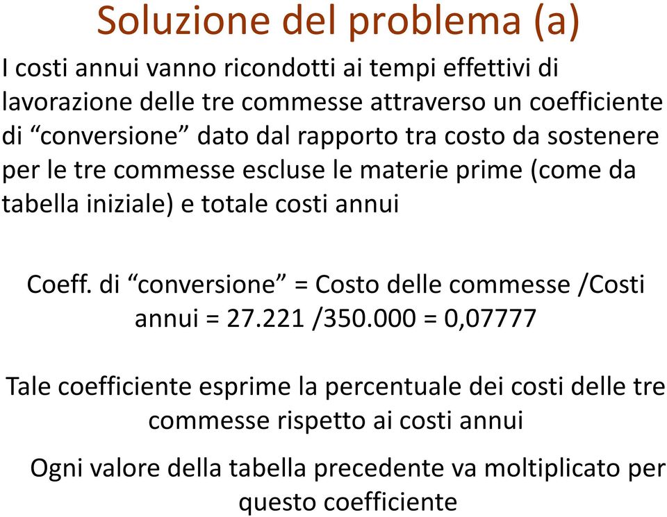 iniziale) e totale costi annui Coeff. di conversione = Costo delle commesse /Costi annui = 27.221 /350.