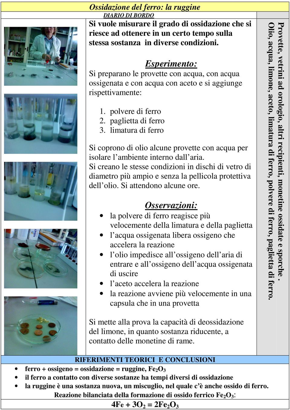 limatura di ferro Si coprono di olio alcune provette con acqua per isolare l ambiente interno dall aria.