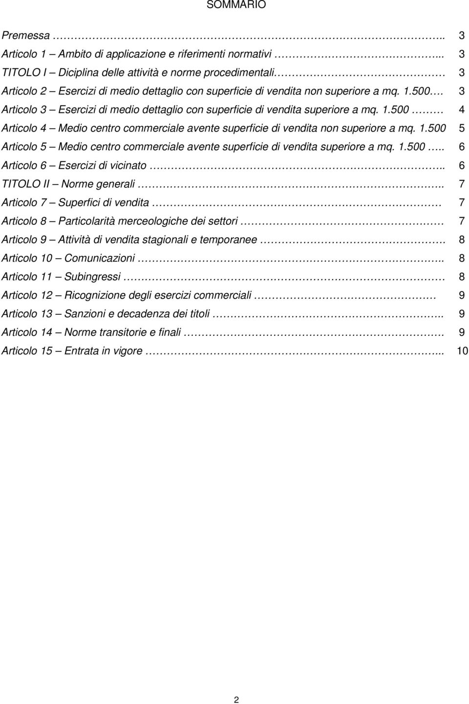 3 Articolo 3 Esercizi di medio dettaglio con superficie di vendita superiore a mq. 1.500 4 Articolo 4 Medio centro commerciale avente superficie di vendita non superiore a mq. 1.500 5 Articolo 5 Medio centro commerciale avente superficie di vendita superiore a mq.