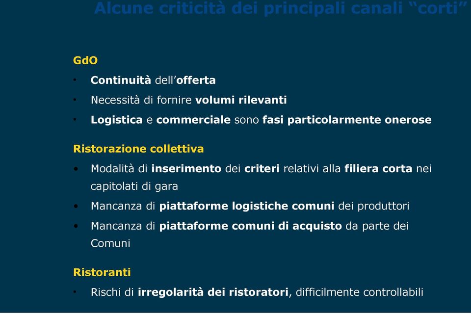 capitolati di gara Mancanza di piattaforme logistiche comuni dei produttori Mancanza di piattaforme comuni di acquisto da parte dei