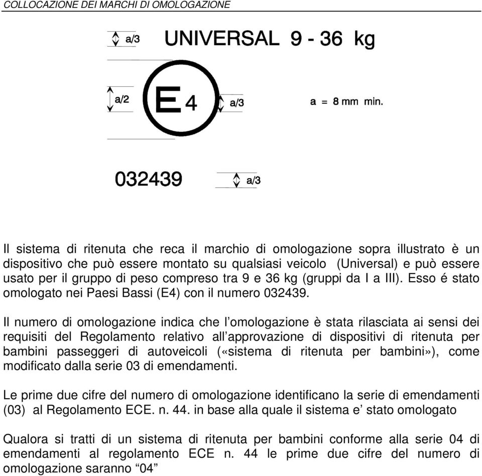 Il numero di omologazione indica che l omologazione è stata rilasciata ai sensi dei requisiti del Regolamento relativo all approvazione di dispositivi di ritenuta per bambini passeggeri di