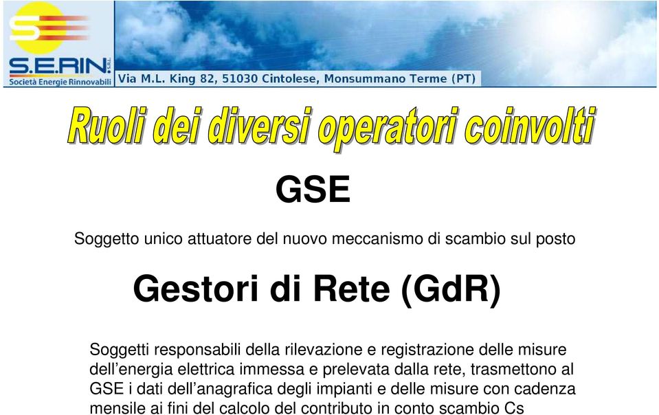 elettrica immessa e prelevata dalla rete, trasmettono al GSE i dati dell anagrafica degli