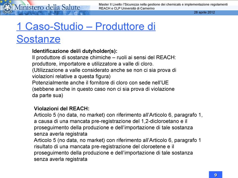 sia prova di violazione da parte sua) Violazioni del REACH: Articolo 5 (no data, no market) con riferimento all Articolo 6, paragrafo 1, a causa di una mancata pre-registrazione del 1,2-dicloroetano