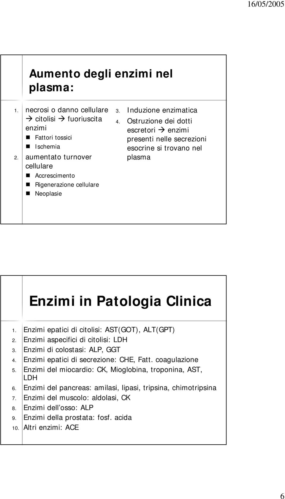 Ostruzione dei dotti escretori enzimi presenti nelle secrezioni esocrine si trovano nel plasma Enzimi in Patologia Clinica 1. Enzimi epatici di citolisi: AST(GOT), ALT(GPT) 2.