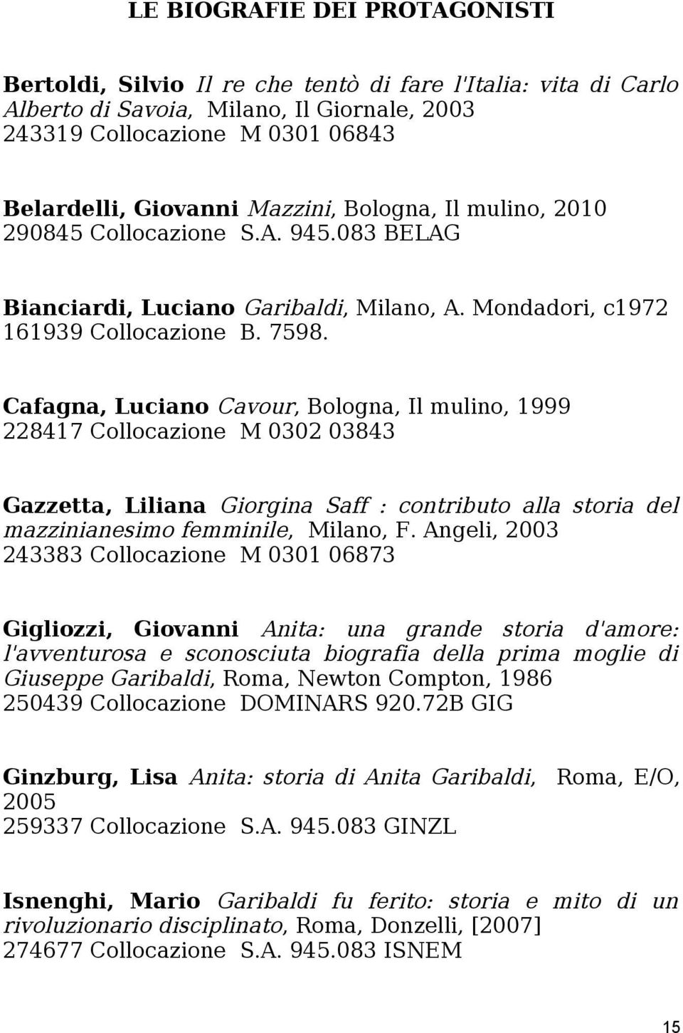 Cafagna, Luciano Cavour, Bologna, Il mulino, 1999 228417 Collocazione M 0302 03843 Gazzetta, Liliana Giorgina Saff : contributo alla storia del mazzinianesimo femminile, Milano, F.