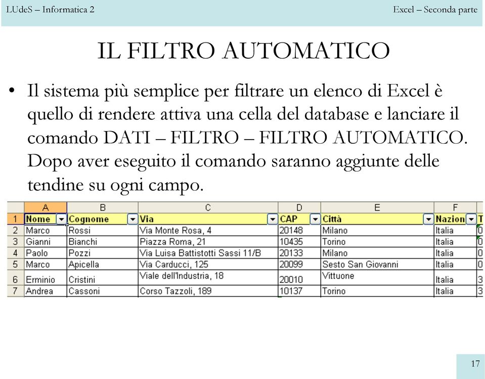 database e lanciare il comando DATI FILTRO FILTRO AUTOMATICO.