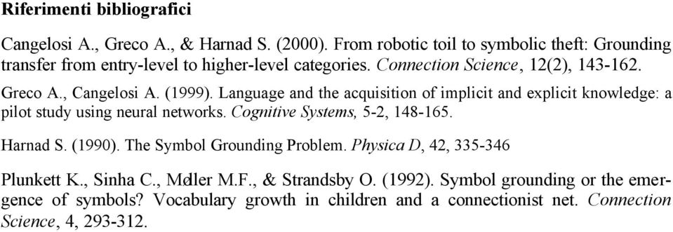 (1999). Language and the acquisition of implicit and explicit knowledge: a pilot study using neural networks. Cognitive Systems, 5-2, 148-165. Harnad S.