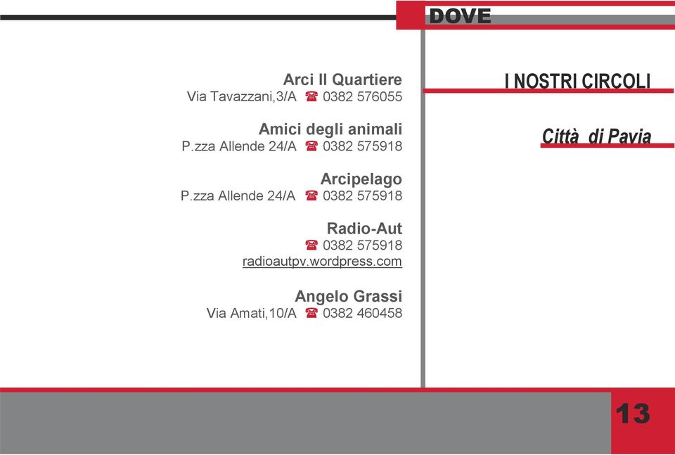 zza Allende 24/A 0382 575918 I NOSTRI CIRCOLI Città di Pavia