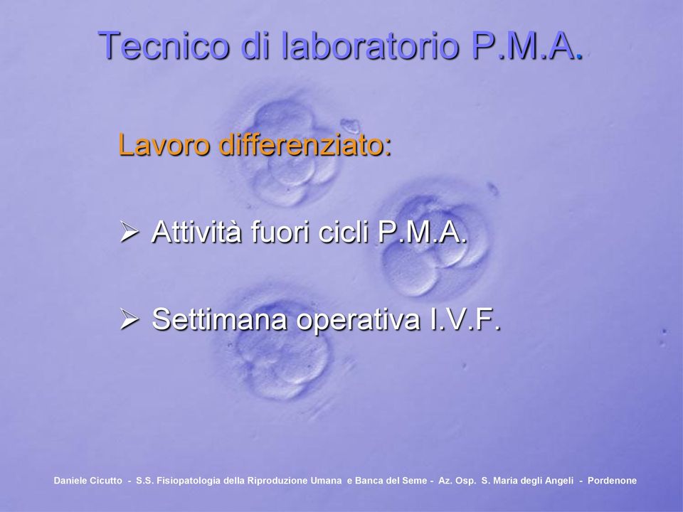 Attività fuori cicli P.M.A. Settimana operativa I.