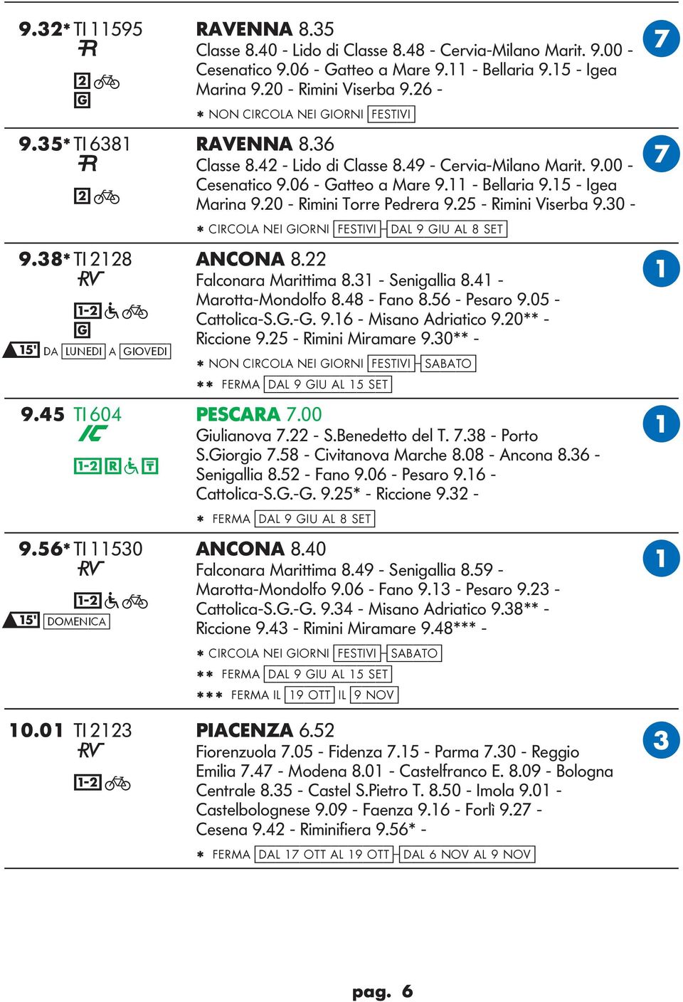 0 - Rimini Torre Pedrera 9.5 - Rimini Visera 9.30 - * IRO NEI IORNI [festivi]-[dal 9 iu al 8 set] 9.38* TI 18 NON 8. K Falconara Marittima 8.31 - Seniallia 8.41 - Marotta-Mondolfo 8.48 - Fano 8.