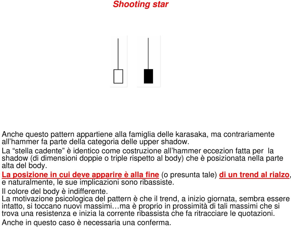 La posizione in cui deve apparire è alla fine (o presunta tale) di un trend al rialzo, e naturalmente, le sue implicazioni sono ribassiste. Il colore del body è indifferente.