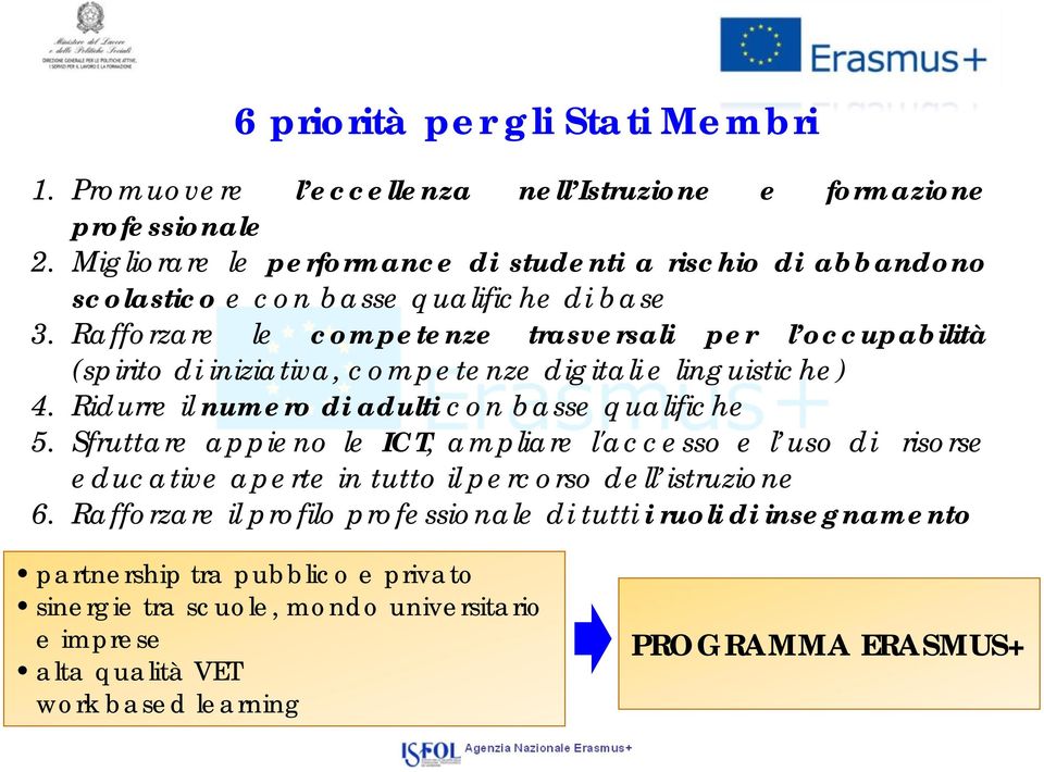 Rafforzare le competenze trasversali per l occupabilità (spirito di iniziativa, competenze digitali e linguistiche) 4. Ridurre il numero di adulti con basse qualifiche 5.