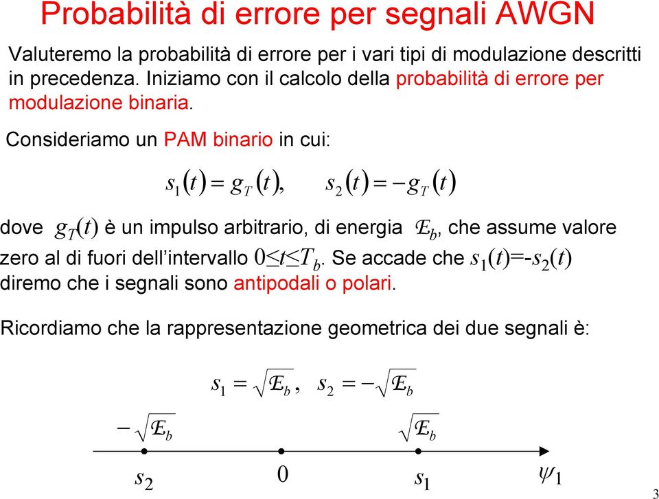 Conidriamo un AM inario in cui: () t g ( t), ( t) g ( t) T dov g T (t) è un impulo aritrario, di nrgia, ch aum