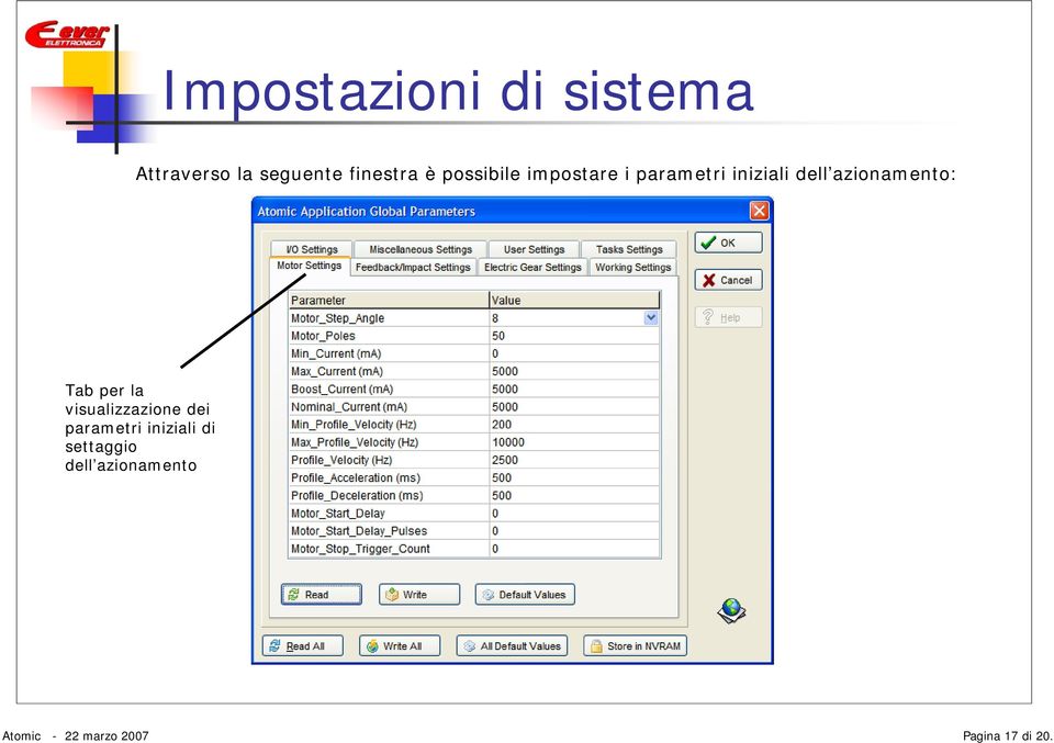 Tab per la visualizzazione dei parametri iniziali di