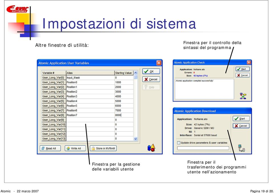 gestione delle variabili utente Finestra per il trasferimento dei