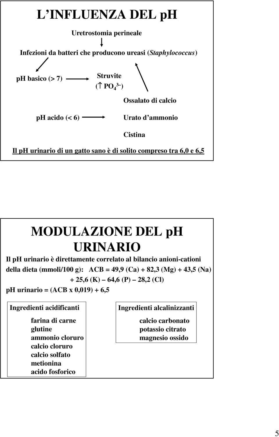 anioni-cationi della dieta (mmoli/100 g): ACB = 49,9 (Ca) + 82,3 (Mg) + 43,5 (Na) + 25,6 (K) 64,6 (P) 28,2 (Cl) ph urinario = (ACB x 0,019) + 6,5 Ingredienti acidificanti