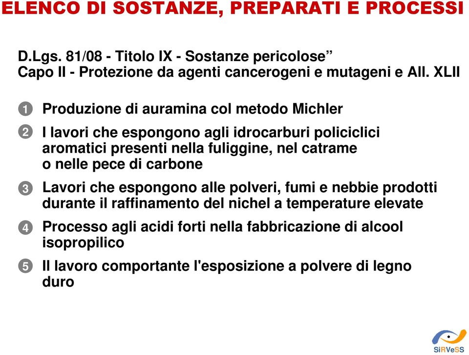 XLII 1 2 3 4 5 Produzione di auramina col metodo Michler I lavori che espongono agli idrocarburi policiclici aromatici presenti nella