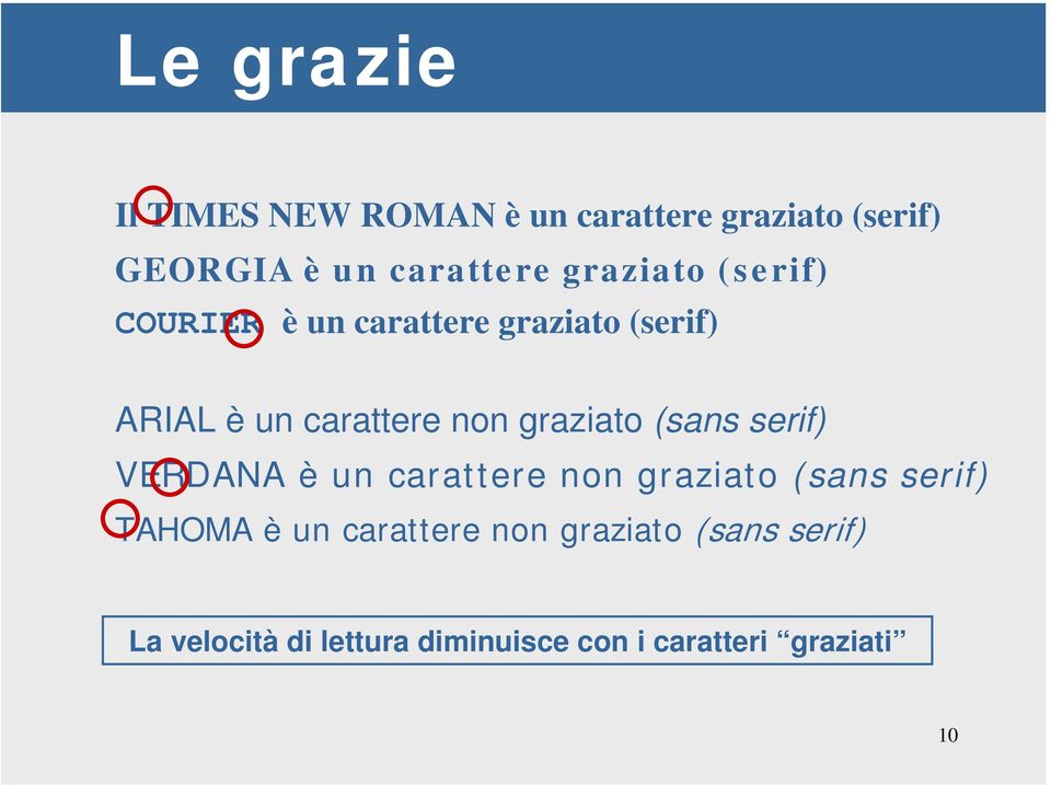 graziato (sans serif) VERDANA è un carattere non graziato (sans serif) TAHOMA è un