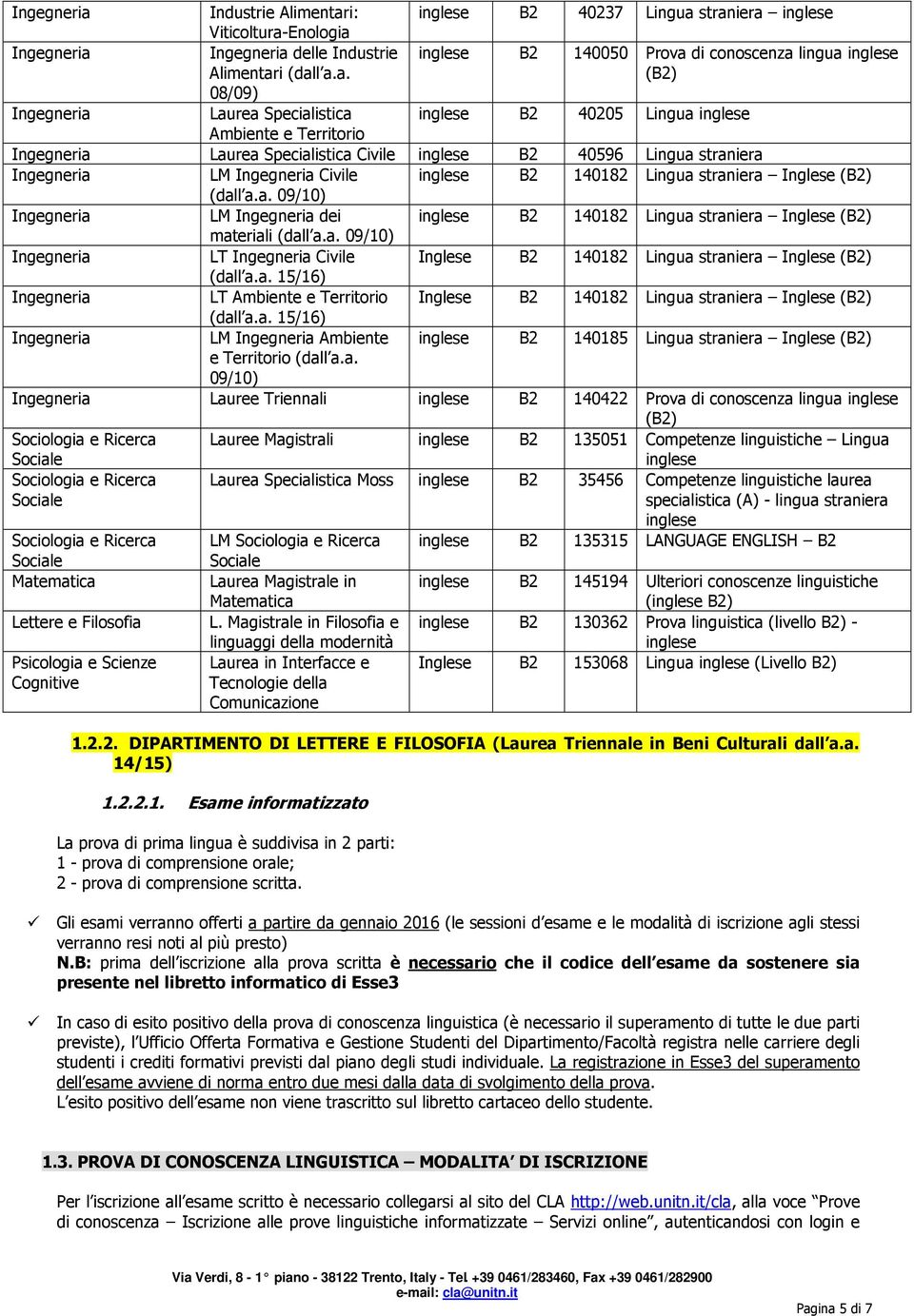 straniera inglese Viticoltura-Enologia delle i (dall a.a. inglese B2 140050 Prova di conoscenza lingua inglese (B2) 08/09) Laurea Specialistica inglese B2 40205 Lingua inglese Ambiente e Territorio