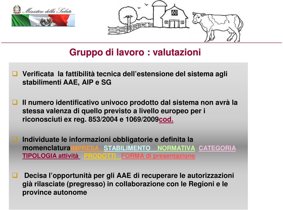 Individuate le informazioni obbligatorie e definita la momenclaturaimpresa STABILIMENTO NORMATIVA CATEGORIA TIPOLOGIA attività PRODOTTI FORMA di