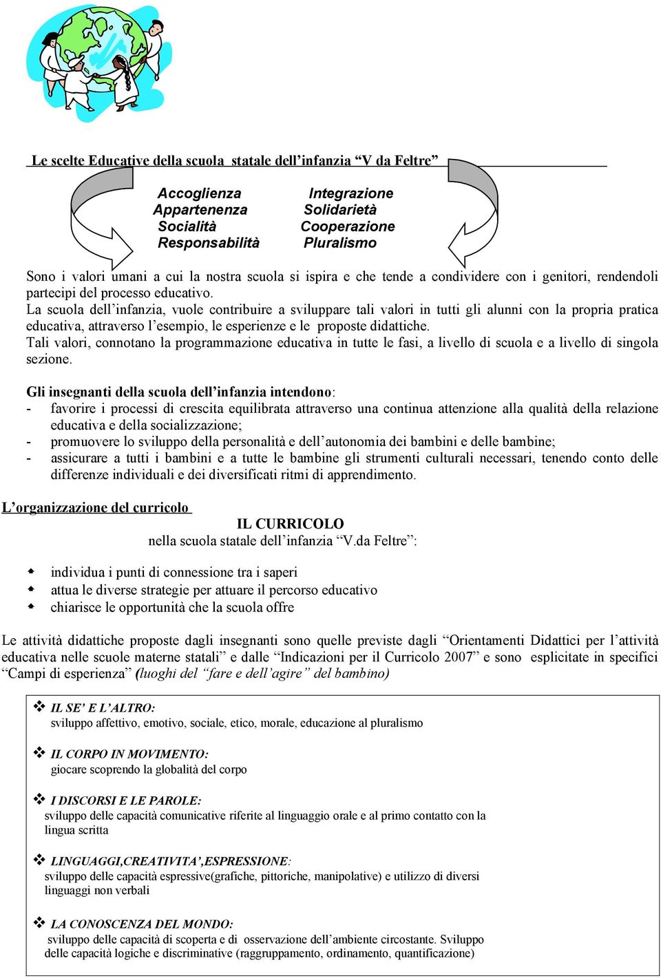 La scuola dell infanzia, vuole contribuire a sviluppare tali valori in tutti gli alunni con la propria pratica educativa, attraverso l esempio, le esperienze e le proposte didattiche.