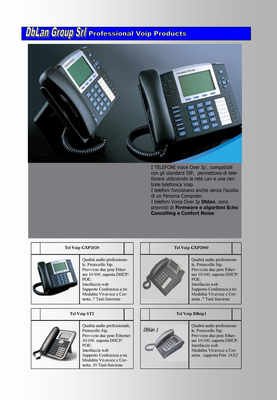 I telefoni Voice Over Ip Dblan, sono provvisti di Firmware e algoritmi Echo Cancelling e Confort Noise Tel Voip