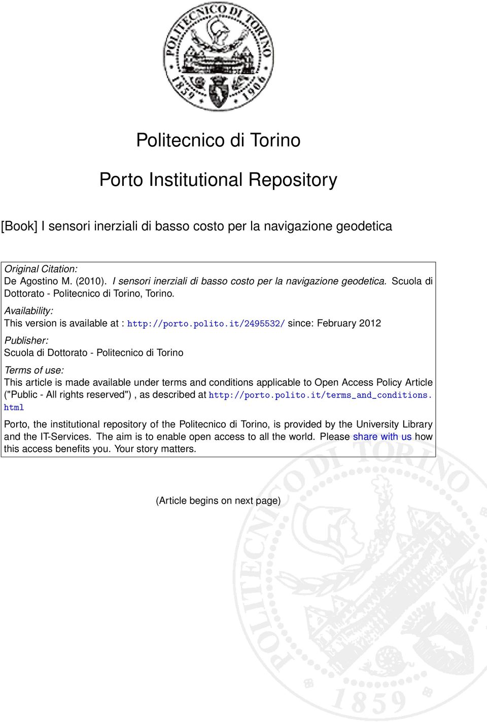 it/2495532/ since: February 2012 Publisher: Scuola di Dottorato - Politecnico di Torino Terms of use: This article is made available under terms and conditions applicable to Open Access Policy
