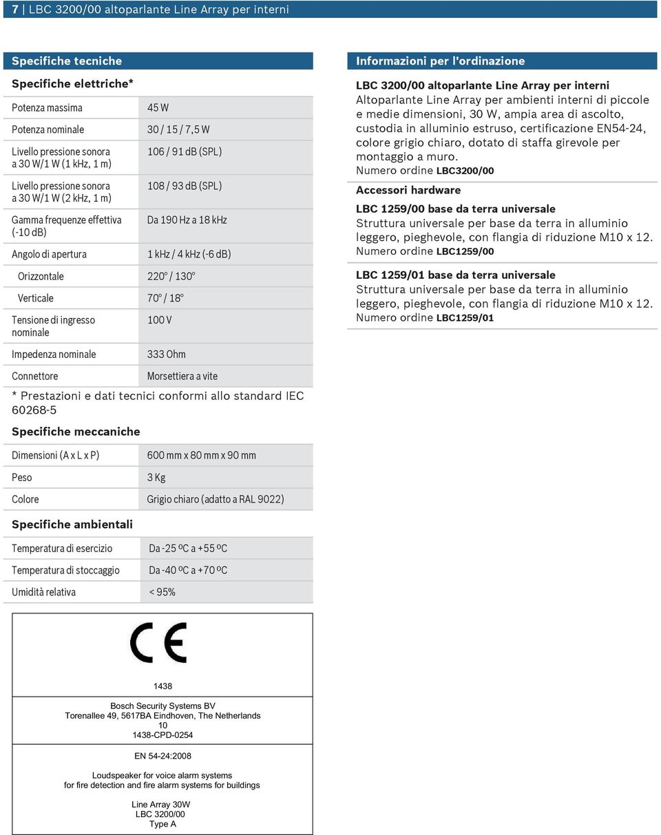 Verticale 70 / 18 Tensione di ingresso nominale 100 V Informazioni per l'ordinazione LBC 3200/00 altoparlante Line Array per interni Altoparlante Line Array per ambienti interni di piccole e medie
