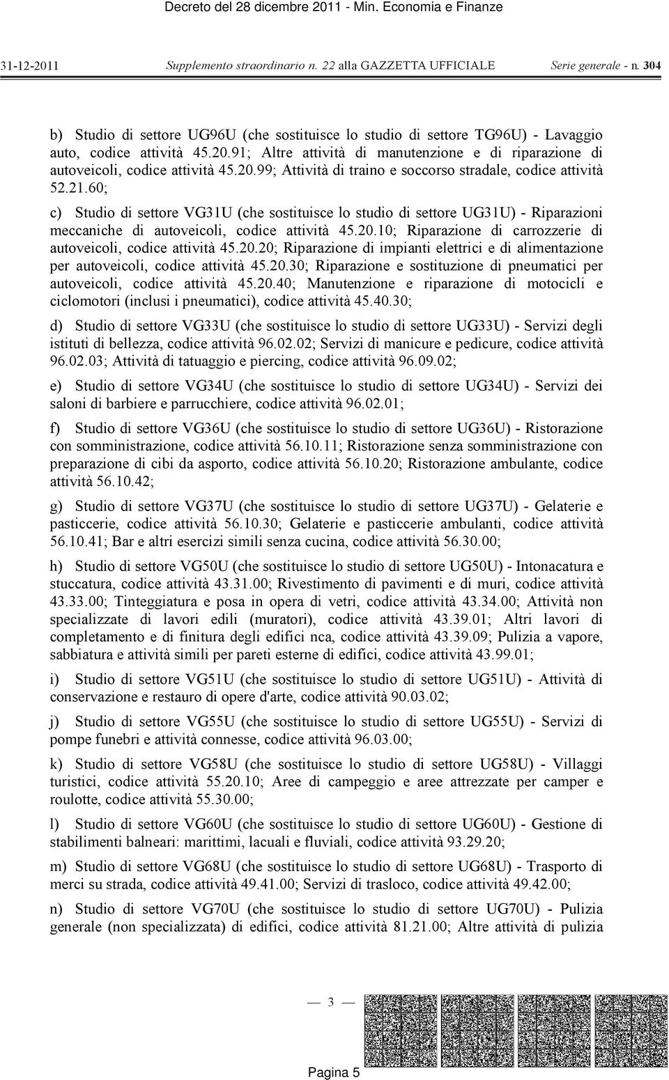 60; c) Studio di settore VG31U (che sostituisce lo studio di settore UG31U) - Riparazioni meccaniche di autoveicoli, codice attività 45.20.