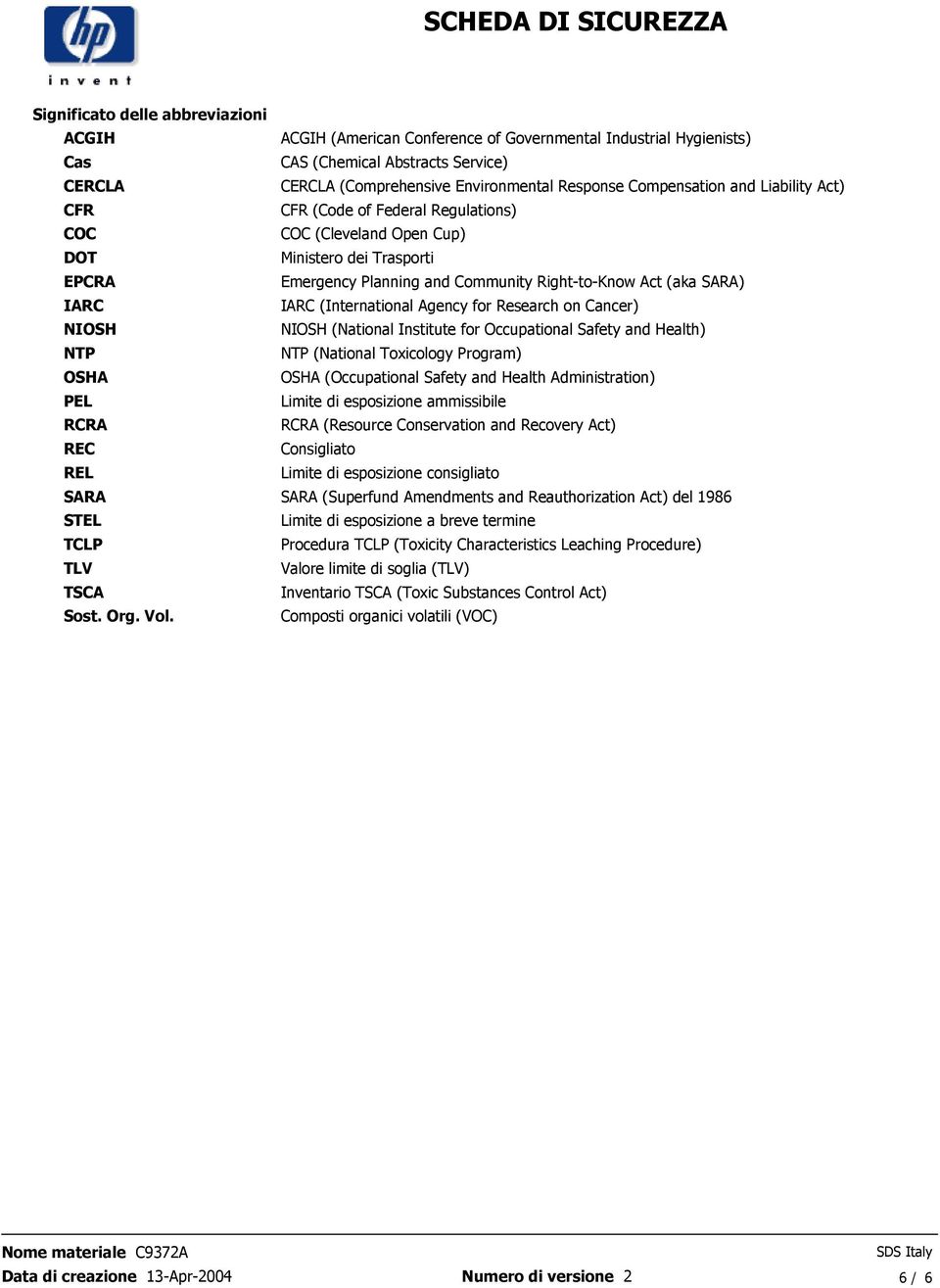 Trasporti Emergency Planning and Community Right-to-Know Act (aka SARA) IARC (International Agency for Research on Cancer) NIOSH (National Institute for Occupational Safety and Health) NTP (National