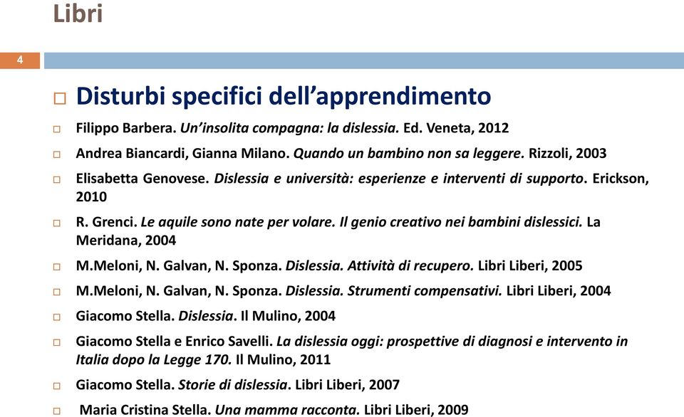 La Meridana, 2004 M.Meloni, N. Galvan, N. Sponza. Dislessia. Attività di recupero. Libri Liberi, 2005 M.Meloni, N. Galvan, N. Sponza. Dislessia. Strumenti compensativi.