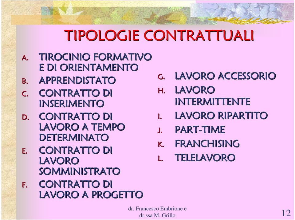 CONTRATTO DI LAVORO SOMMINISTRATO F. CONTRATTO DI LAVORO A PROGETTO G.