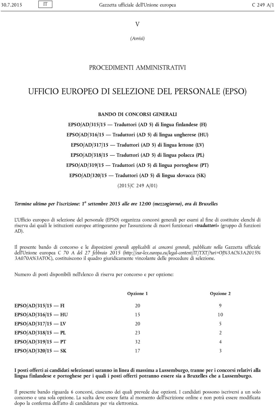 lingua polacca (PL) EPSO/AD/319/15 Traduttori (AD 5) di lingua portoghese (PT) EPSO/AD/320/15 Traduttori (AD 5) di lingua slovacca (SK) (2015/C 249 A/01) Termine ultimo per l iscrizione: 1 o