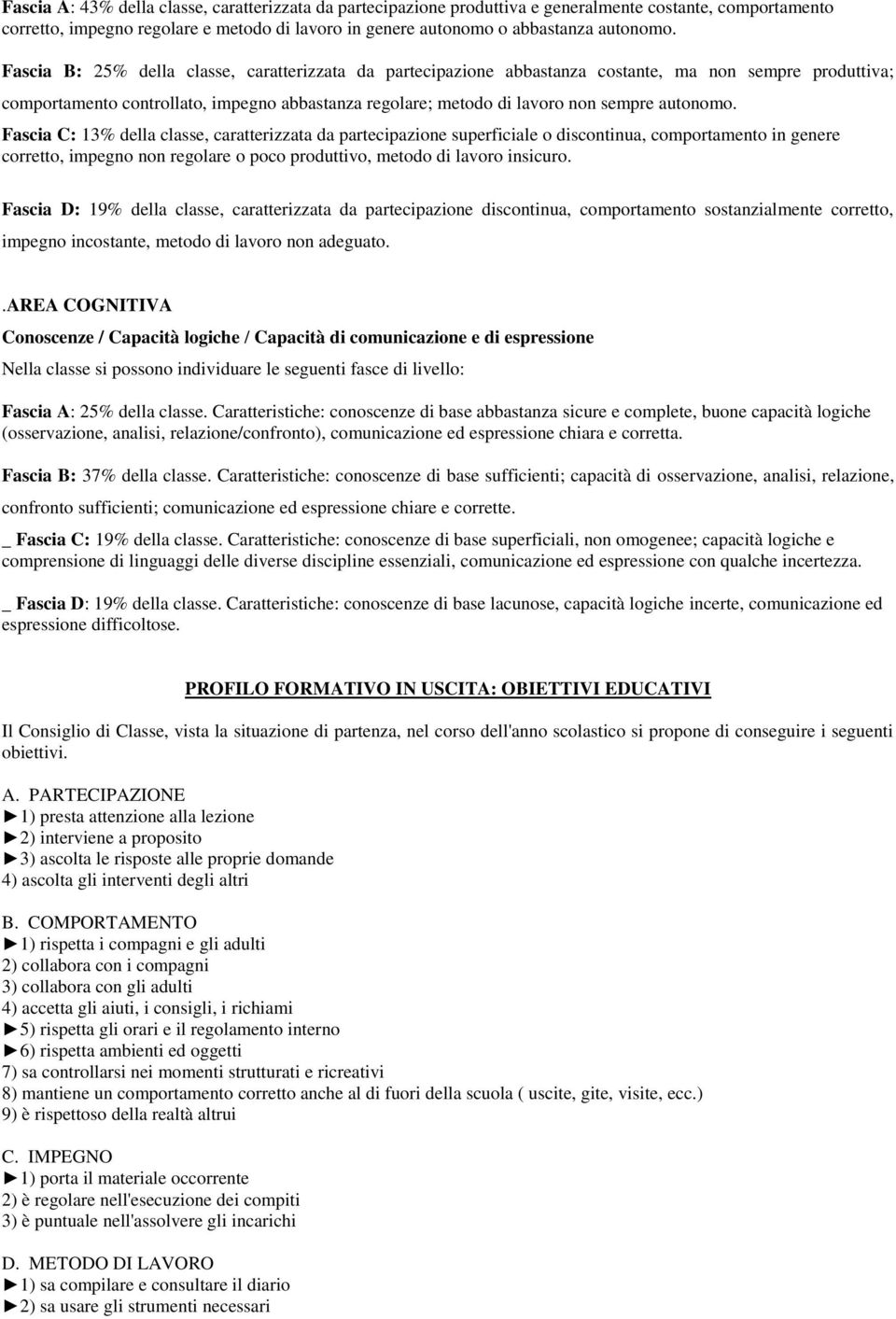 autonomo. Fascia C: 13% della classe, caratterizzata da partecipazione superficiale o discontinua, comportamento in genere corretto, impegno non regolare o poco produttivo, metodo di lavoro insicuro.