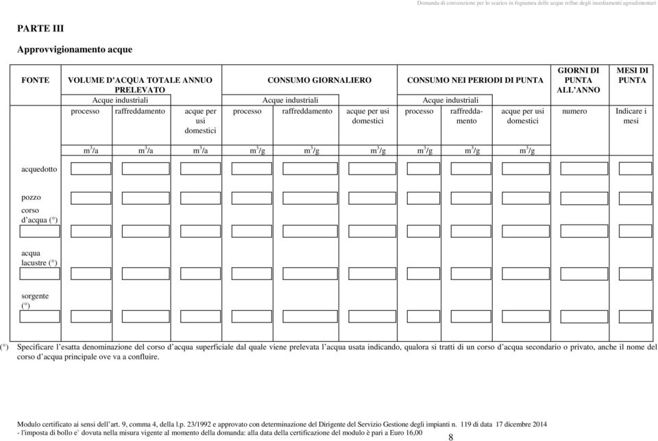 i mesi m 3 /a m 3 /a m 3 /a m 3 /g m 3 /g m 3 /g m 3 /g m 3 /g m 3 /g acquedotto pozzo corso d acqua ( ) acqua lacustre ( ) sorgente ( ) ( ) Specificare l esatta denominazione del corso d
