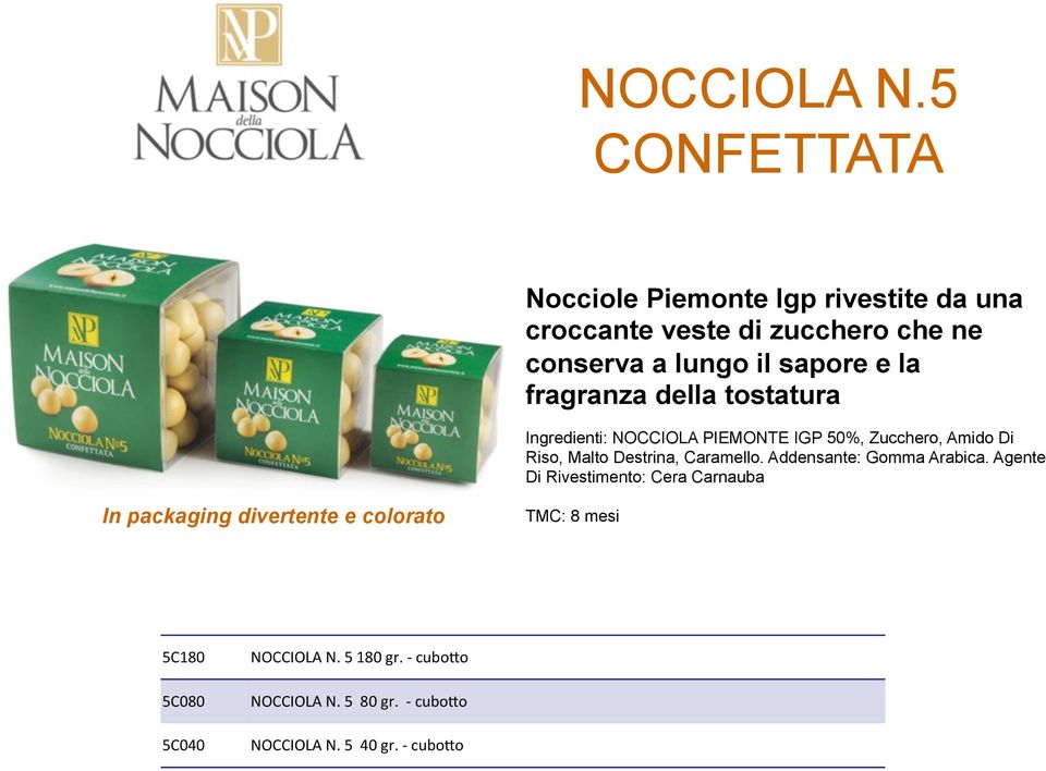 la fragranza della tostatura Ingredienti: NOCCIOLA PIEMONTE IGP 50%, Zucchero, Amido Di Riso, Malto Destrina,