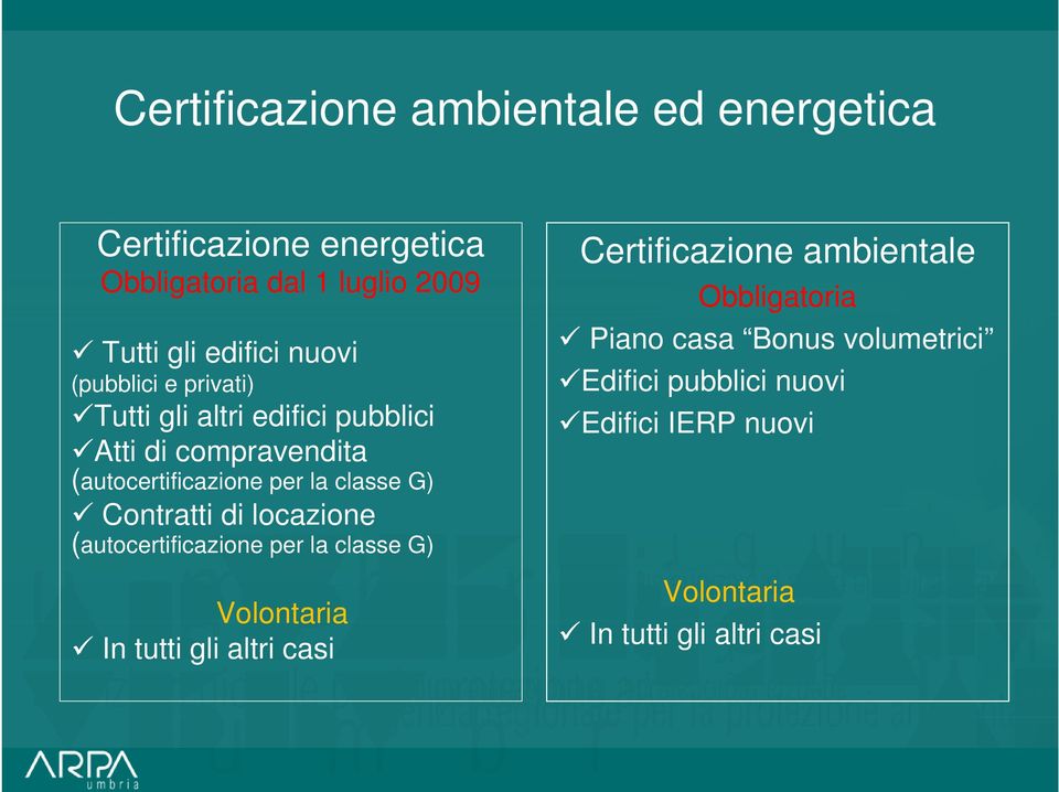 Contratti di locazione (autocertificazione per la classe G) Volontaria In tutti gli altri casi Certificazione