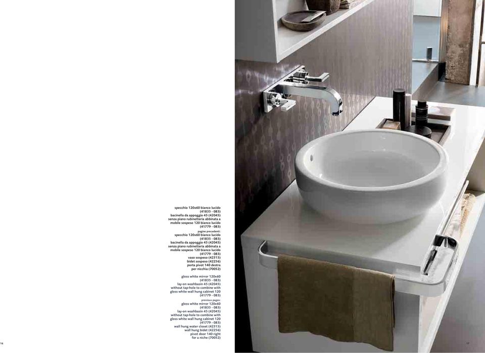 per nicchia (70052) gloss white mirror 120x60 (41835-083) lay-on washbasin 45 (42045) without tap-hole to combine with gloss white wall hung cabinet 120 (41779-083) previous pages: gloss white mirror