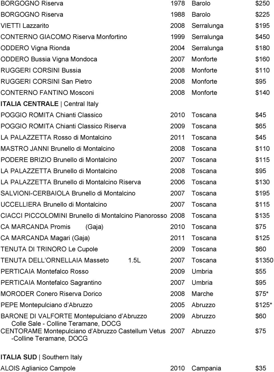 Central Italy POGGIO ROMITA Chianti Classico 2010 Toscana $45 POGGIO ROMITA Chianti Classico Riserva 2009 Toscana $65 LA PALAZZETTA Rosso di Montalcino 2011 Toscana $45 MASTRO JANNI Brunello di